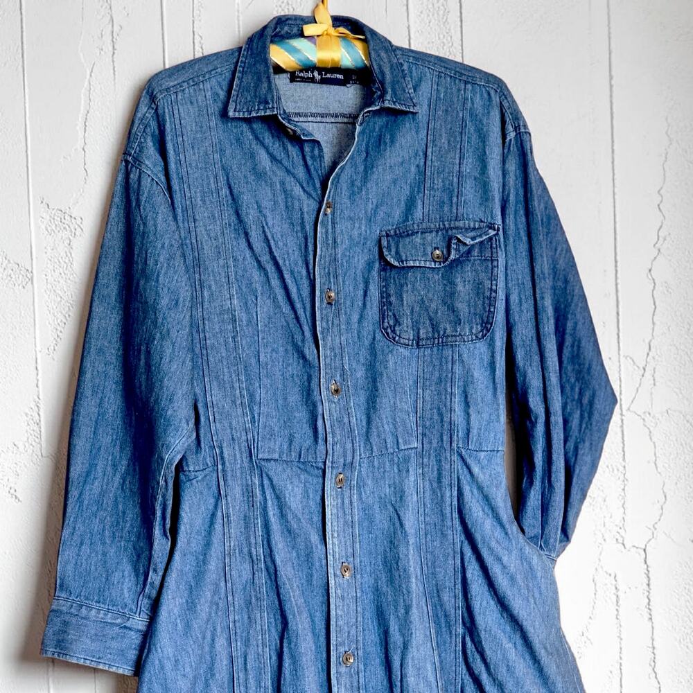 Vintage Ralph Lauren USA Denim Shirt Dress Size 12 Cotton Western Prairie Midi - Picture 3 of 10
